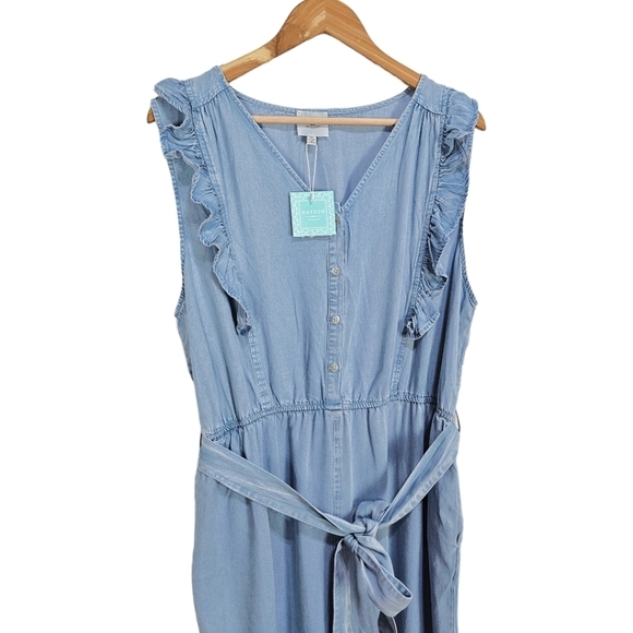 NWT Hayden Blue Tencel Buttoned Ruffle Tank Frayed Wide Leg Belted Jumpsuit - Picture 11 of 15